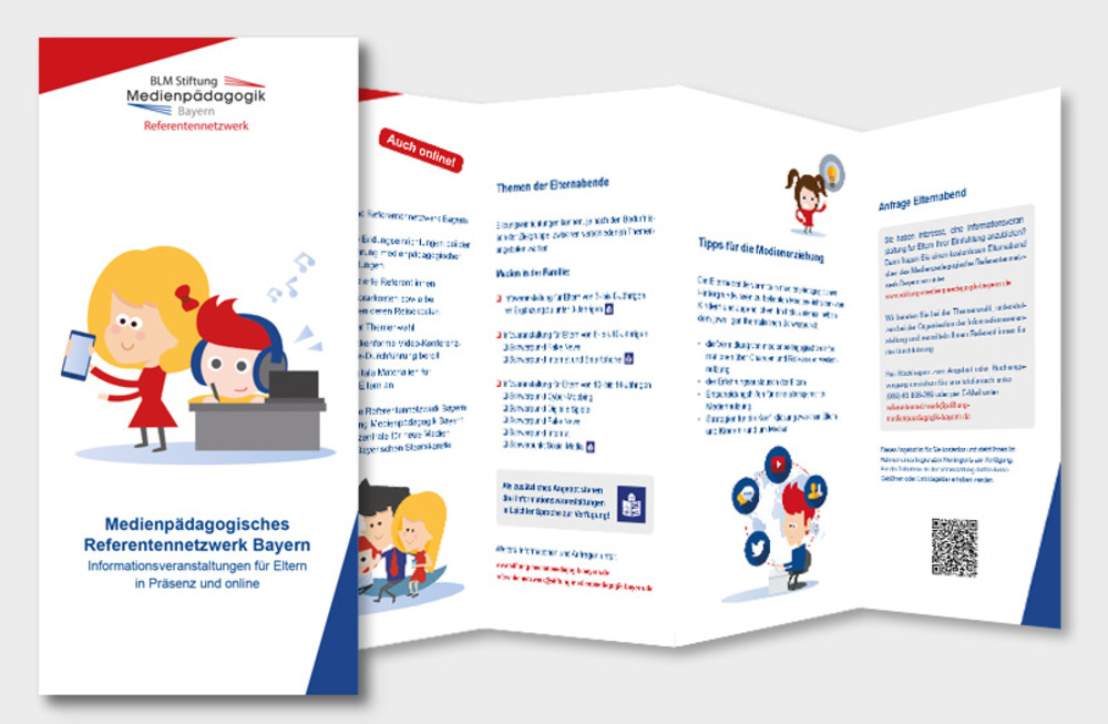 Es wird das Deckblatt des Flyers und schematisch der aufgeklappte Flyer dargestellt.