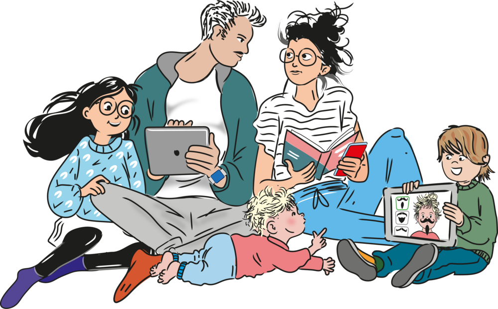 Zwei Eltern und drei Kinder sitzen auf dem Boden. Die Mutter hat ein Buch und ein Smartphone in der Hand, der Vater ein Tablet.