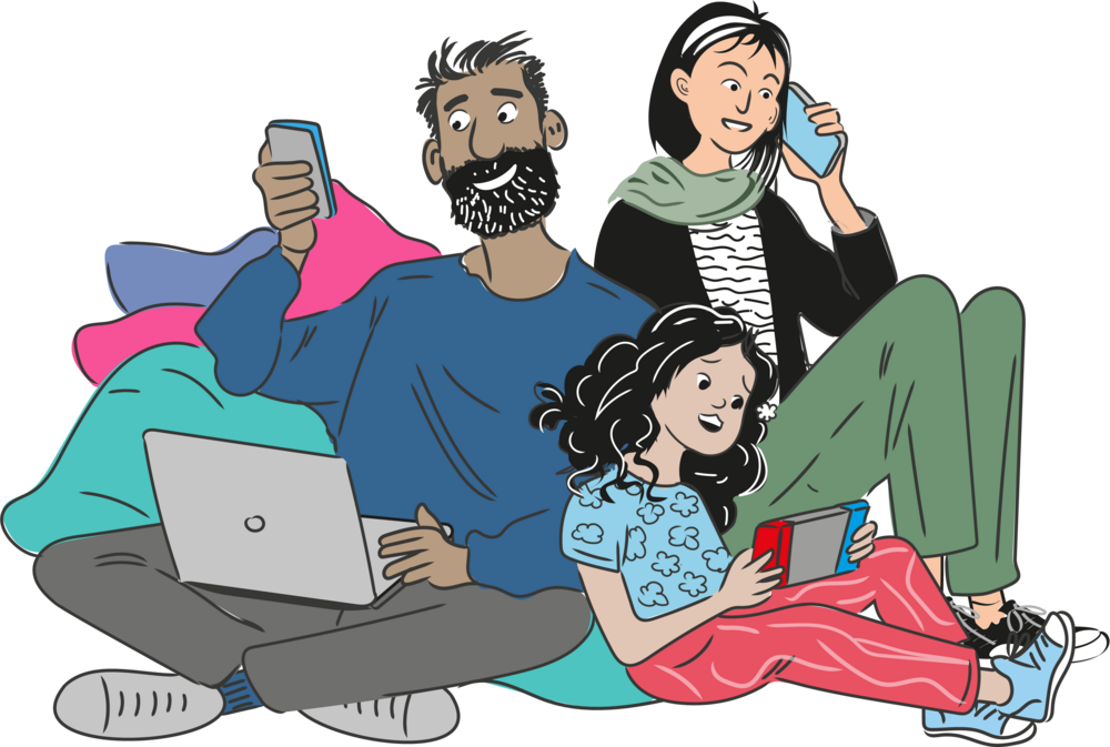 Eltern und Mädchen sitzen auf dem Boden. Der Vater hat ein Laptop auf dem Schoß und ein Smartphone in der Hand, die Mutter telefoniert, die Tochter hält eine Switch.